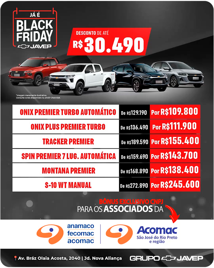 Black Friday com descontos de até 30 mil para compras de veículos - Parceria Acomac Rio Preto e Grupo Javep